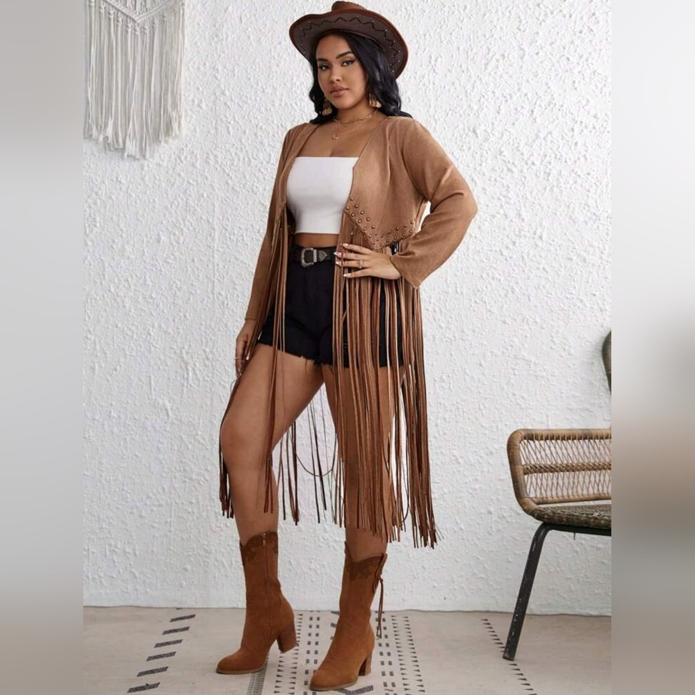 NEW $30 Size 1Xl/14 VCAY Plus Fringe Hem Beaded Detail Open Front Coat